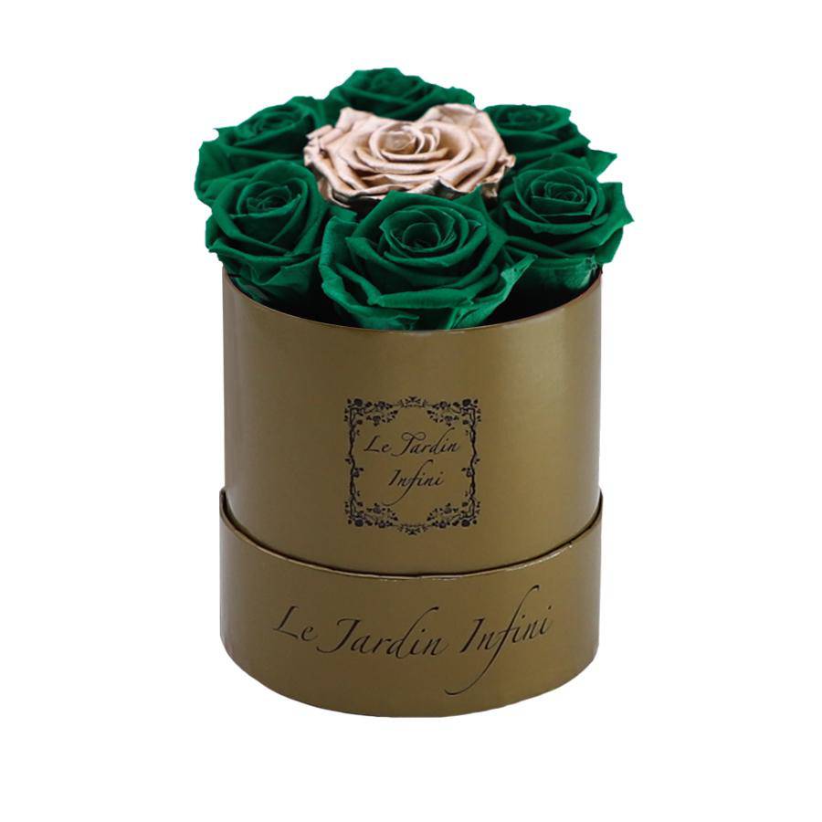 7 St. Patrick Green & Rose Gold Dot Preserved Roses - Luxury Round Shiny Gold Box