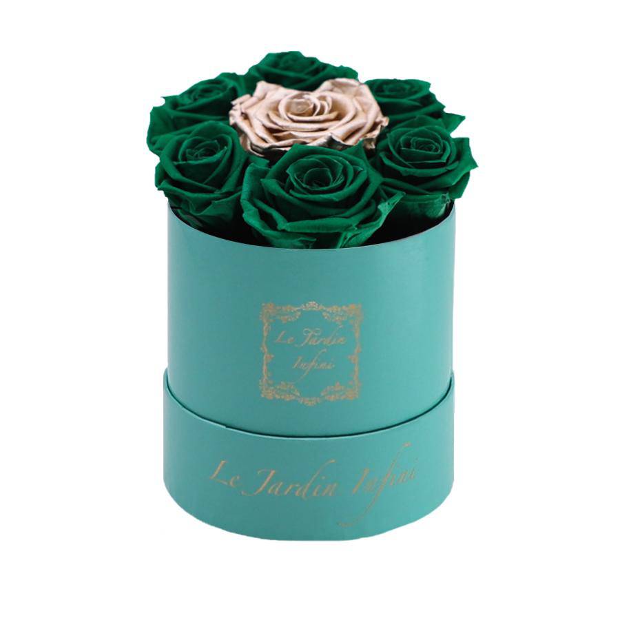 7 St. Patrick Green & Rose Gold Dot Preserved Roses - Luxury Round Shiny Turquoise Box
