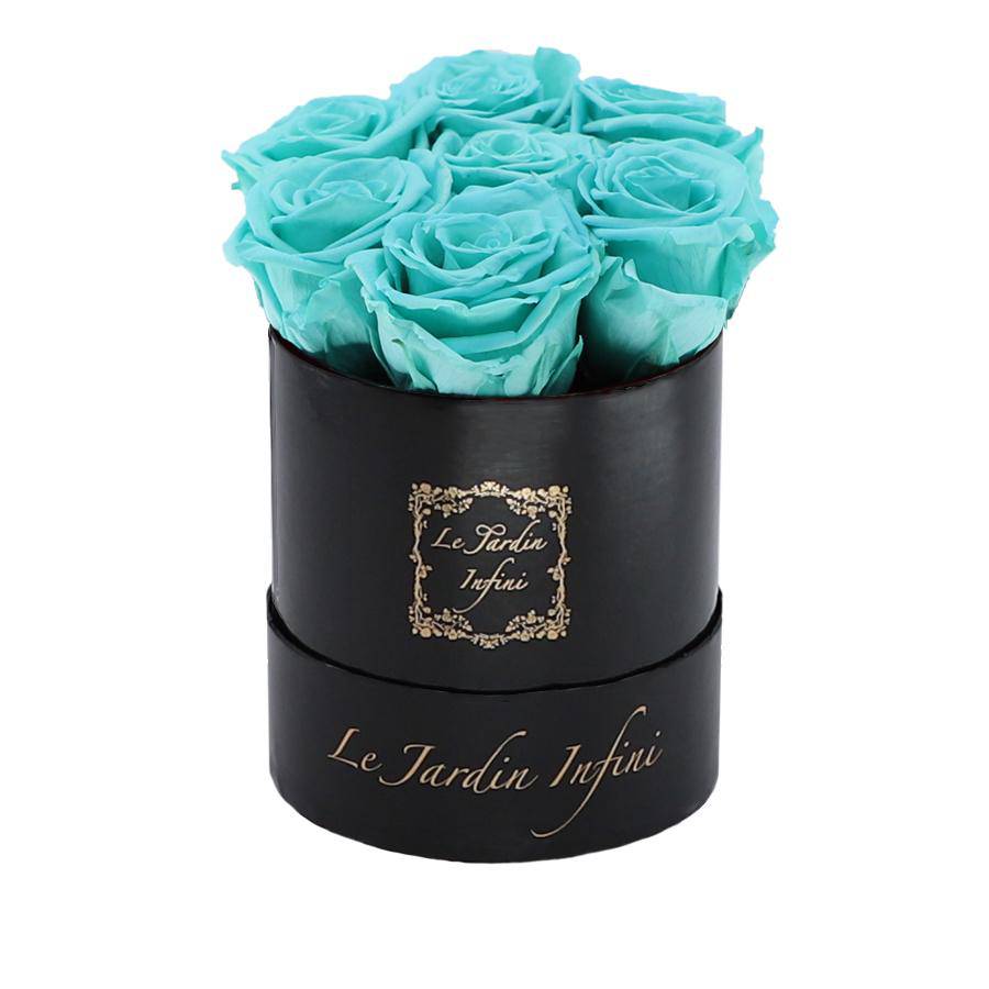 7 Turquoise Preserved Roses - Luxury Round Shiny Black Box