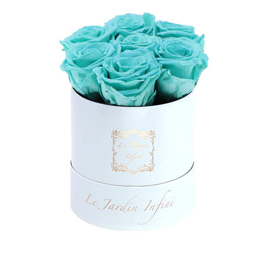 7 Turquoise Preserved Roses - Luxury Round Shiny White Box