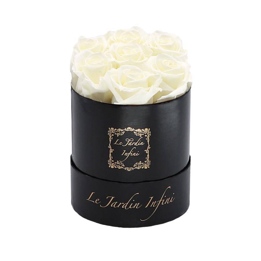 7 Vanilla Preserved Roses - Luxury Round Shiny Black Box