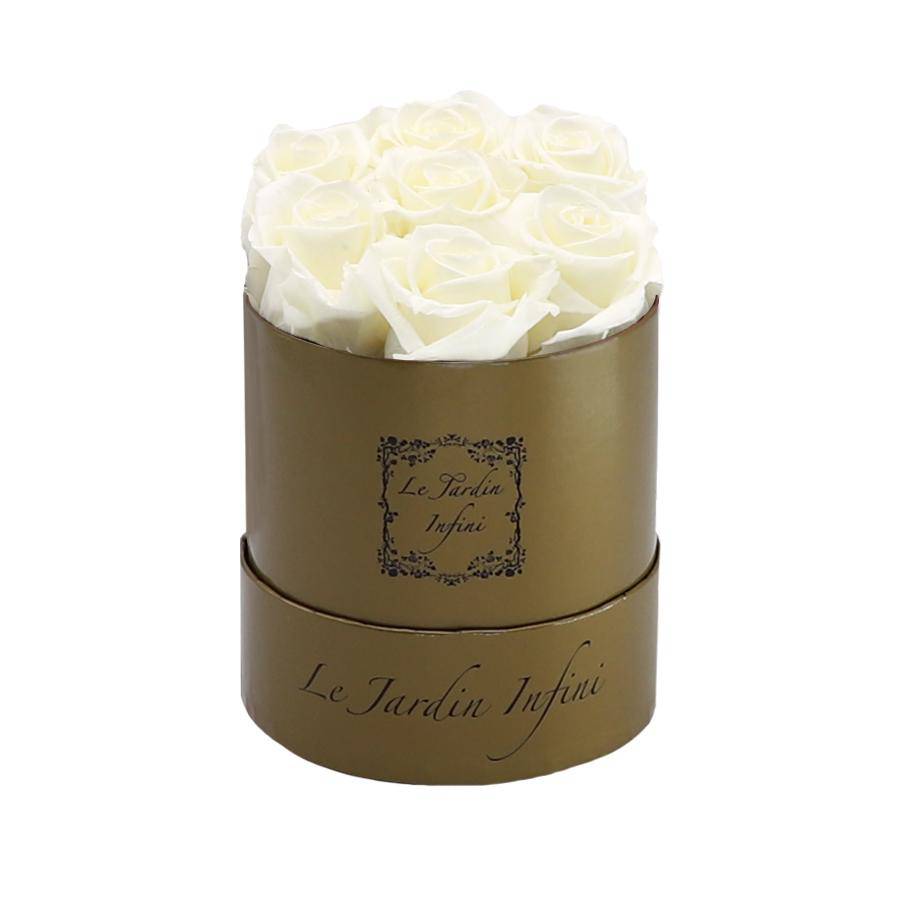 7 Vanilla Preserved Roses - Luxury Round Shiny Gold Box