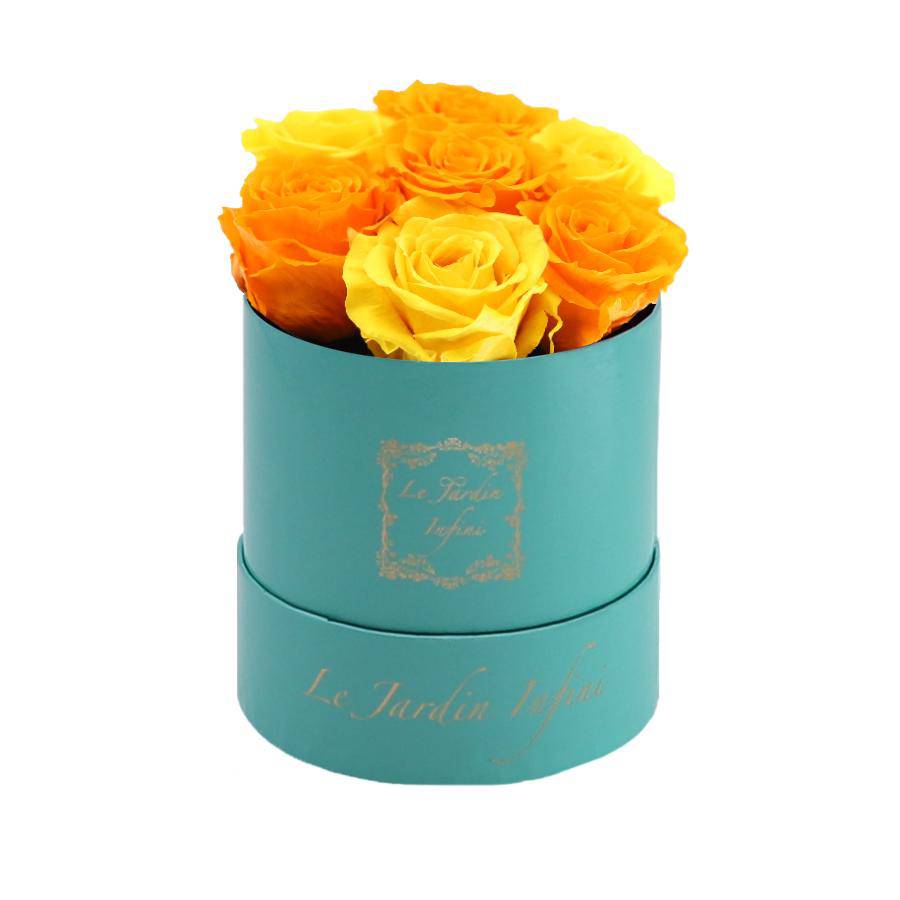 7 Warm Yellow & Orange Preserved Roses - Luxury Round Shiny Turquoise Box