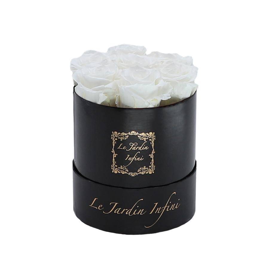 7 White Preserved Roses - Luxury Round Shiny Black Box