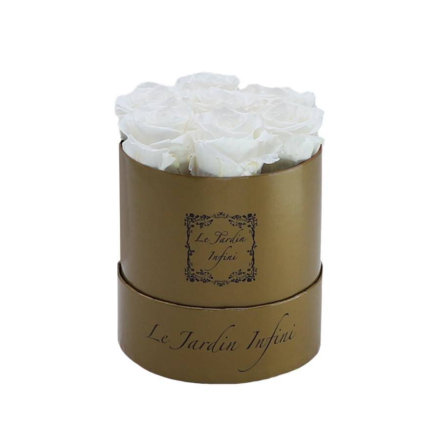 7 White Preserved Roses - Luxury Round Shiny Gold Box