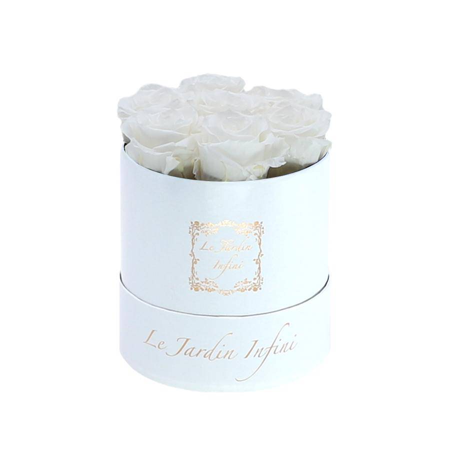 7 White Preserved Roses - Luxury Round Shiny White Box