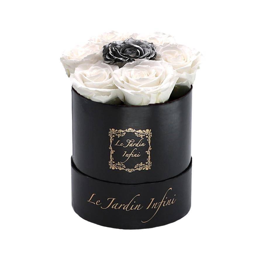 7 White & Silver Dot Preserved Roses - Luxury Round Shiny Black Box