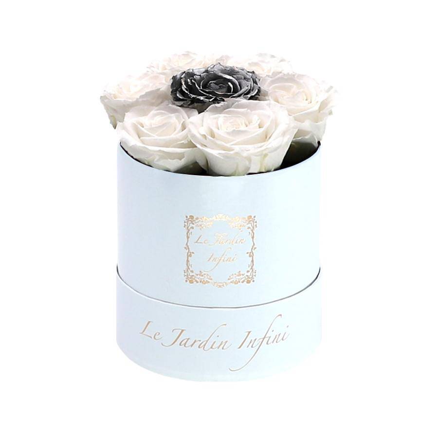 7 White & Silver Dot Preserved Roses - Luxury Round Shiny White Box