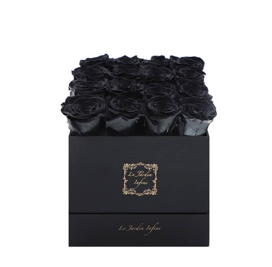 16 Black Preserved Roses - Luxury Square Shiny Black Box