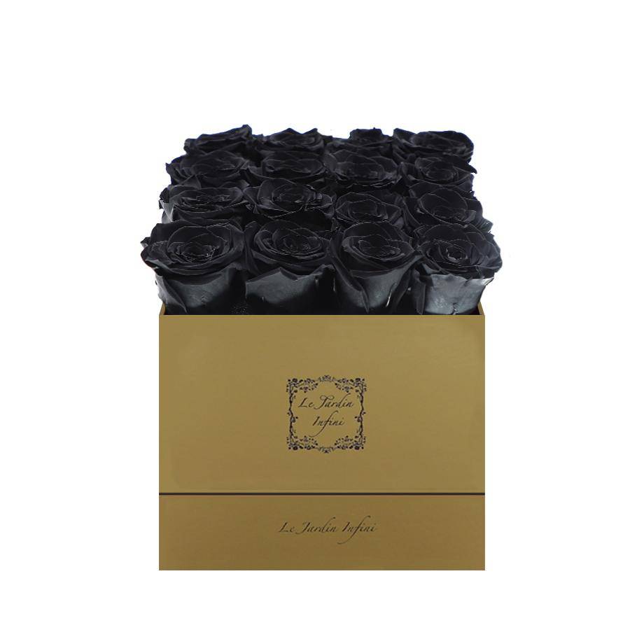 16 Black Preserved Roses - Luxury Square Shiny Gold Box