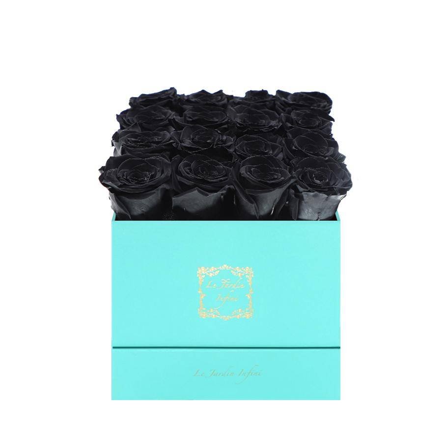 16 Black Preserved Roses - Luxury Square Shiny Turquoise Box