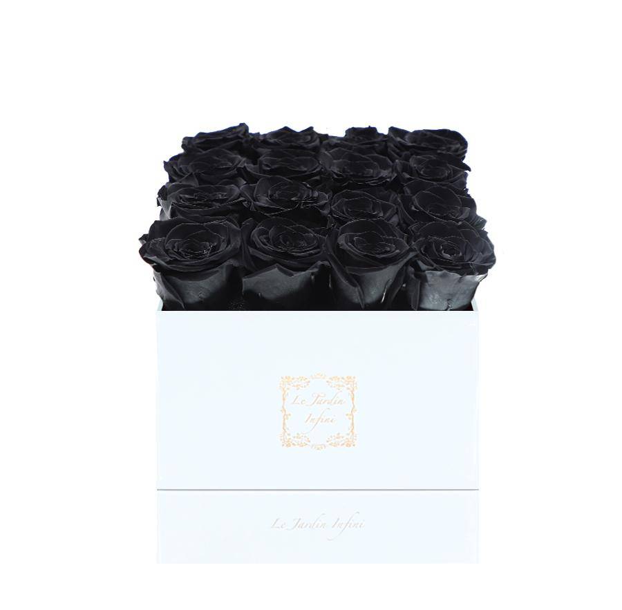 16 Black Preserved Roses - Luxury Square Shiny White Box