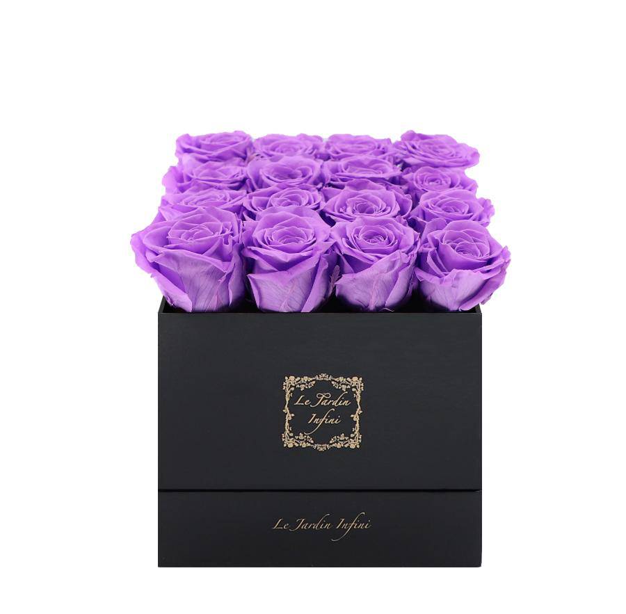 16 Bright Lilac Preserved Roses - Luxury Square Shiny Black Box