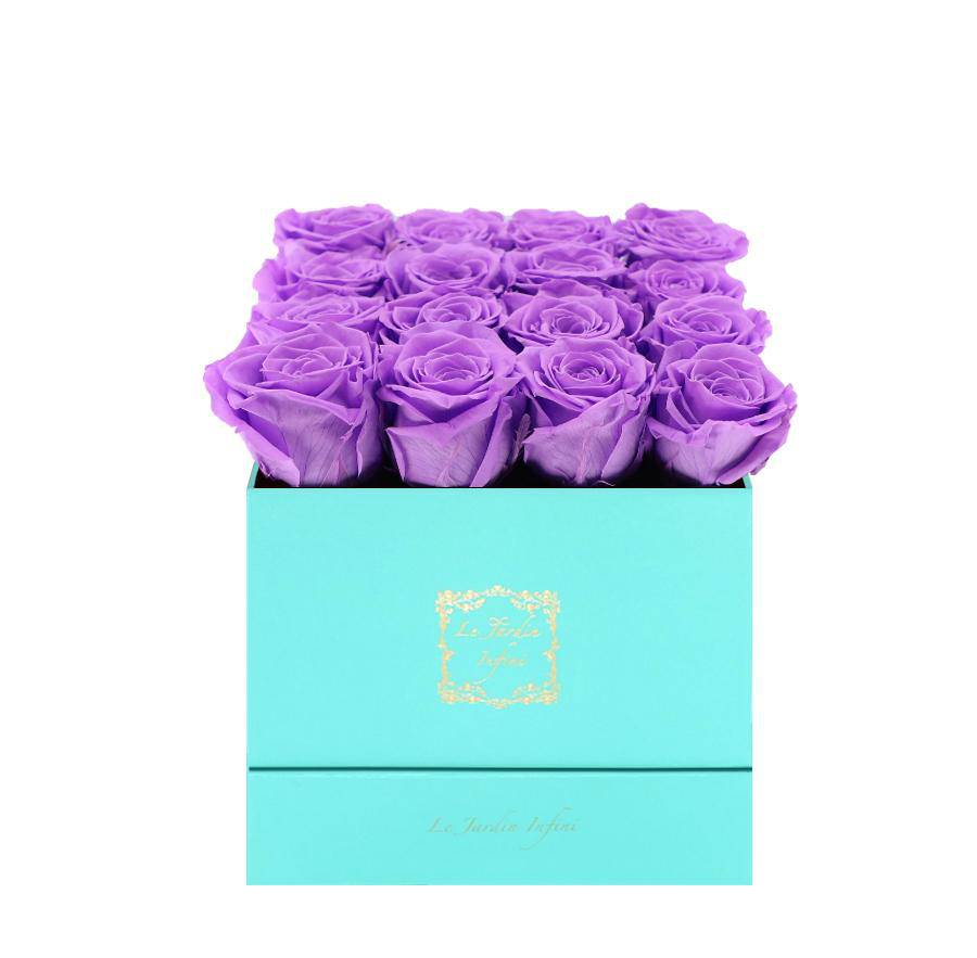 16 Bright Lilac Preserved Roses - Luxury Square Shiny Turquoise Box