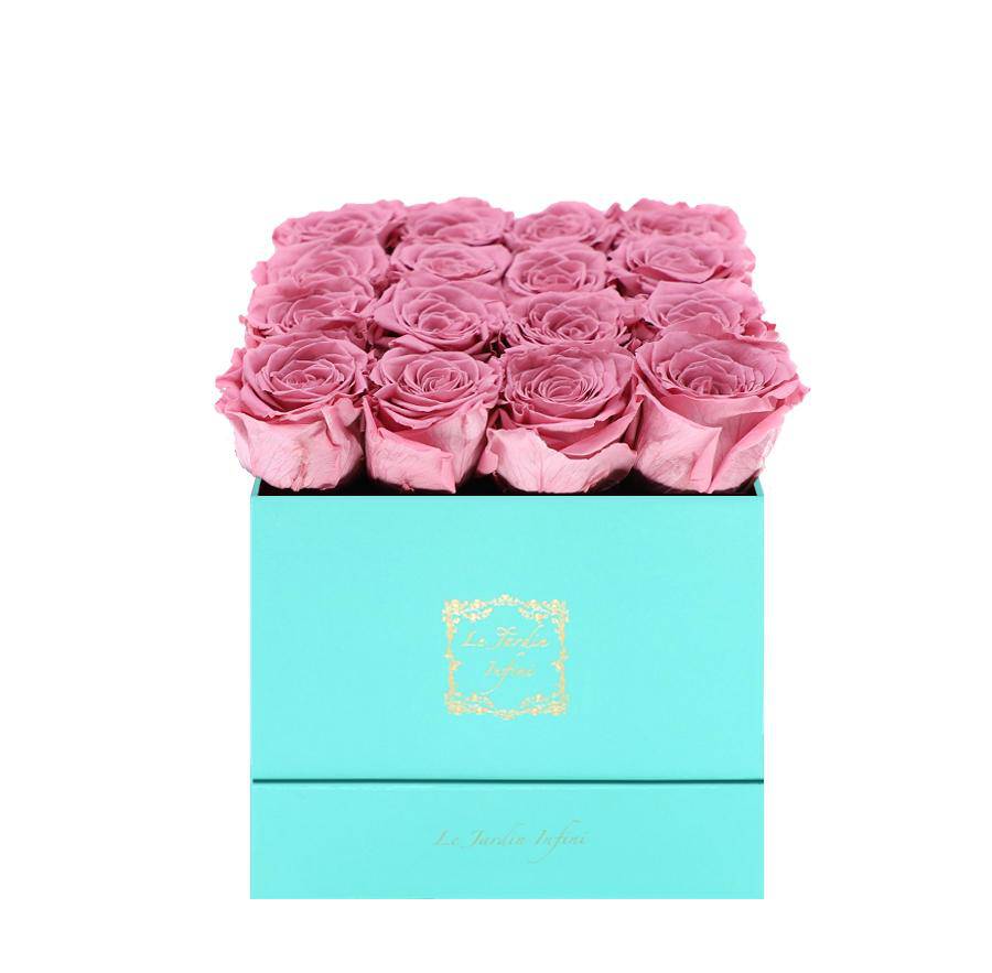 16 Cherry Blossom Preserved Roses - Luxury Square Shiny Turquoise Box