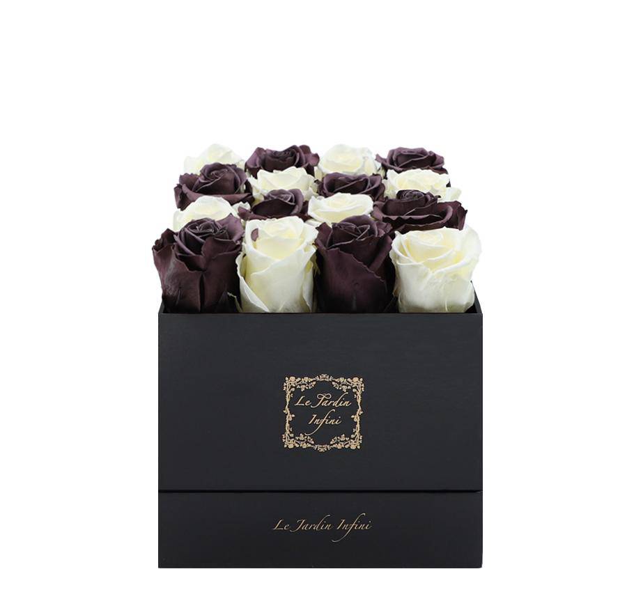 16 Dark Purple & Vanilla Checker Preserved Roses - Luxury Square Shiny Black Box