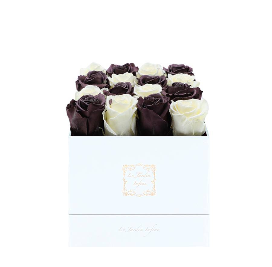 16 Dark Purple & Vanilla Checker Preserved Roses - Luxury Square Shiny White Box