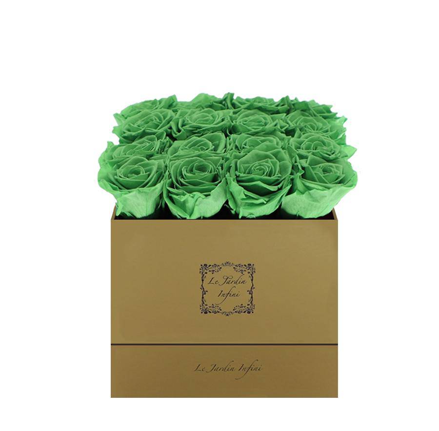 16 Green Tea Preserved Roses - Luxury Square Shiny Gold Box