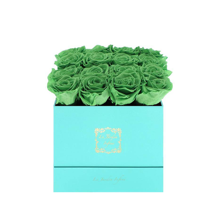 16 Green Tea Preserved Roses - Luxury Square Shiny Turquoise Box