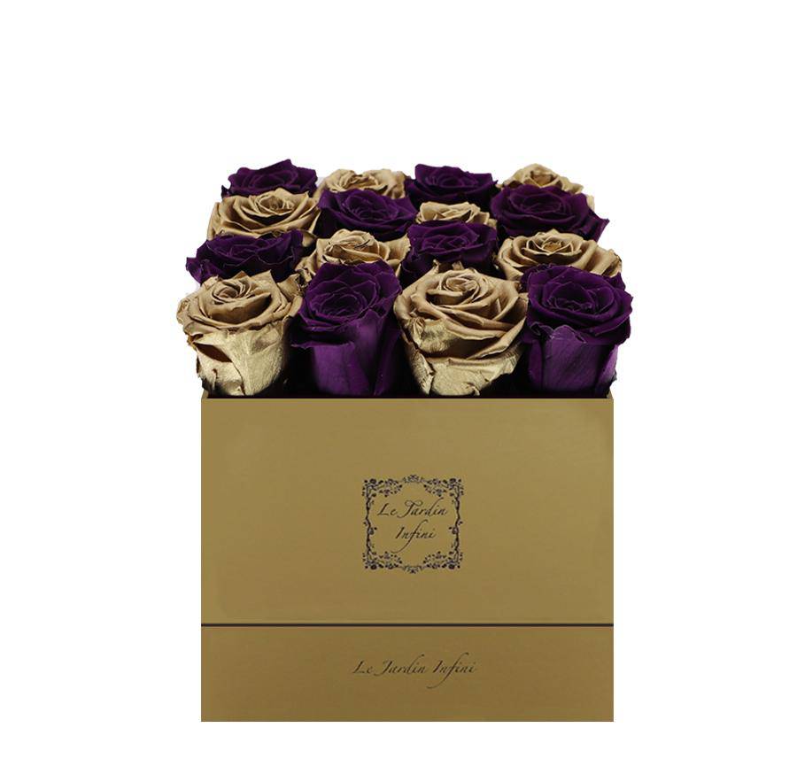 16 Purple & Gold Checker Preserved Roses - Luxury Square Shiny Gold Box