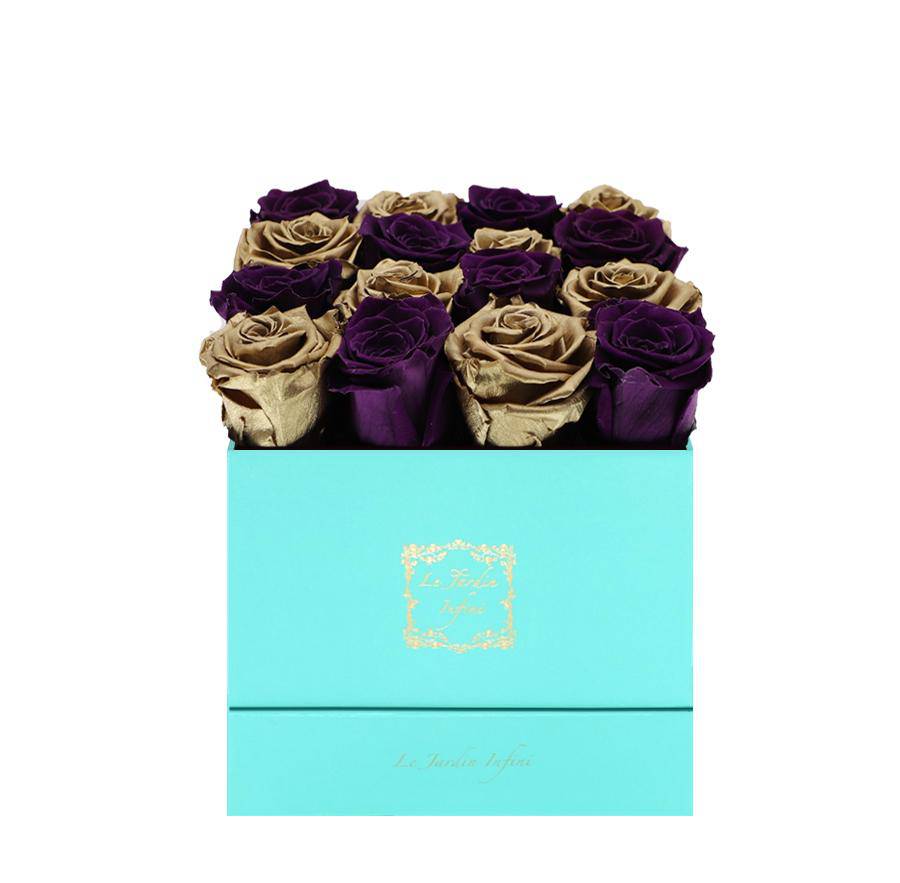 16 Purple & Gold Checker Preserved Roses - Luxury Square Shiny Turquoise Box