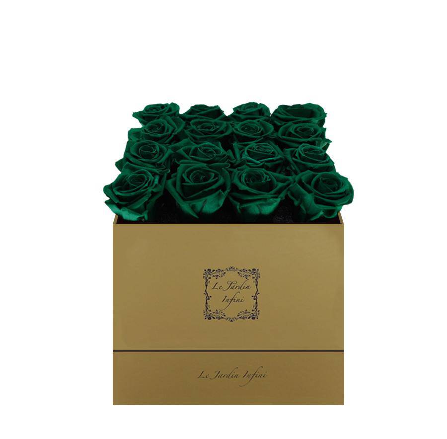 16 St. Patrick Green Preserved Roses - Luxury Square Shiny Gold Box