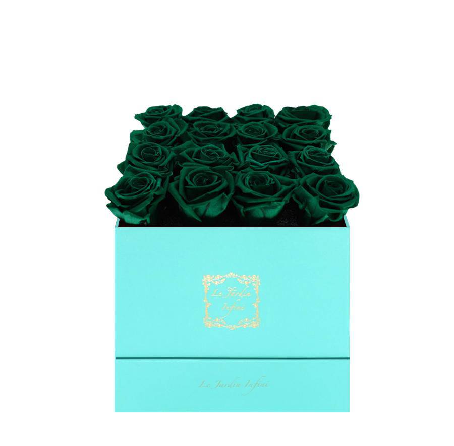 16 St. Patrick Green Preserved Roses - Luxury Square Shiny Turquoise Box
