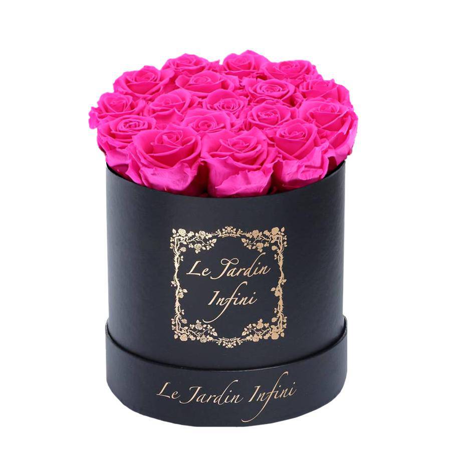 Bright Pink Preserved Roses - Medium Round Black Box