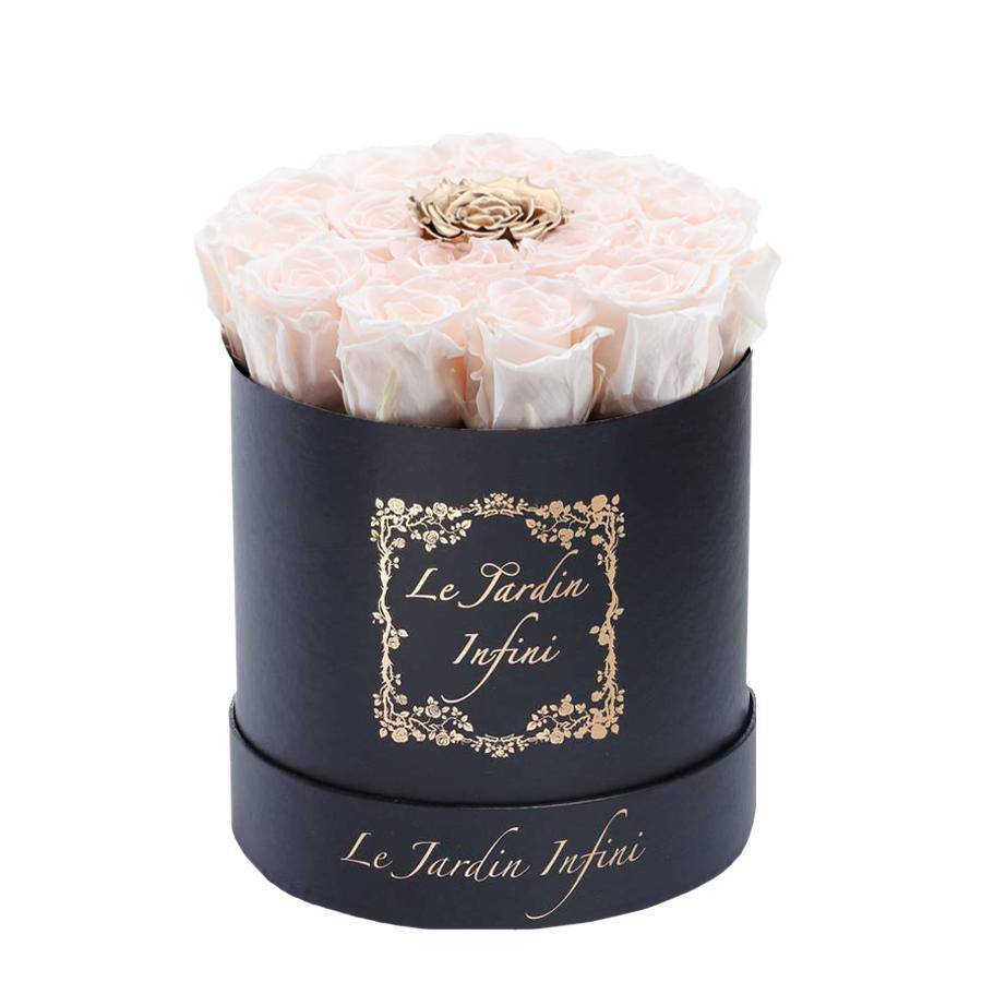 Champagne & Gold Dot Preserved Roses - Medium Round Black Box