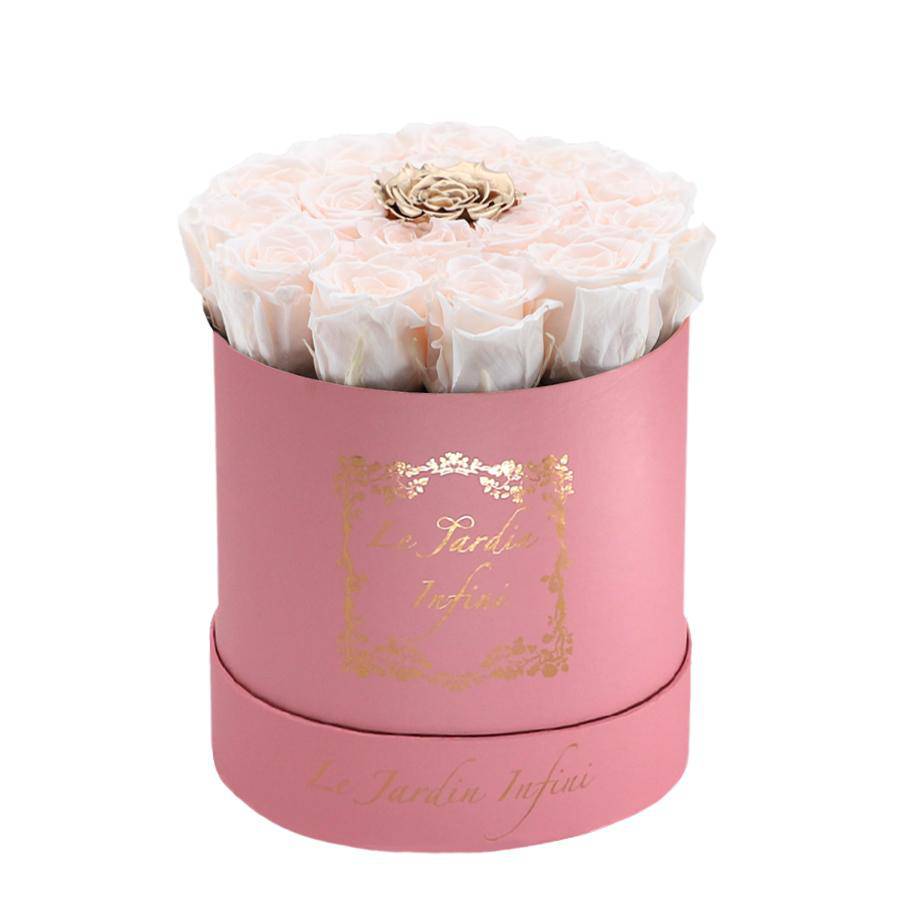 Champagne & Gold Dot Preserved Roses - Medium Round Pink Box