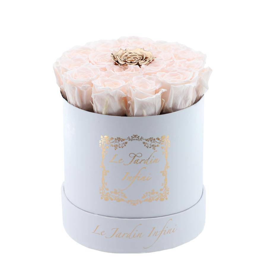 Champagne & Gold Dot Preserved Roses - Medium Round White Box