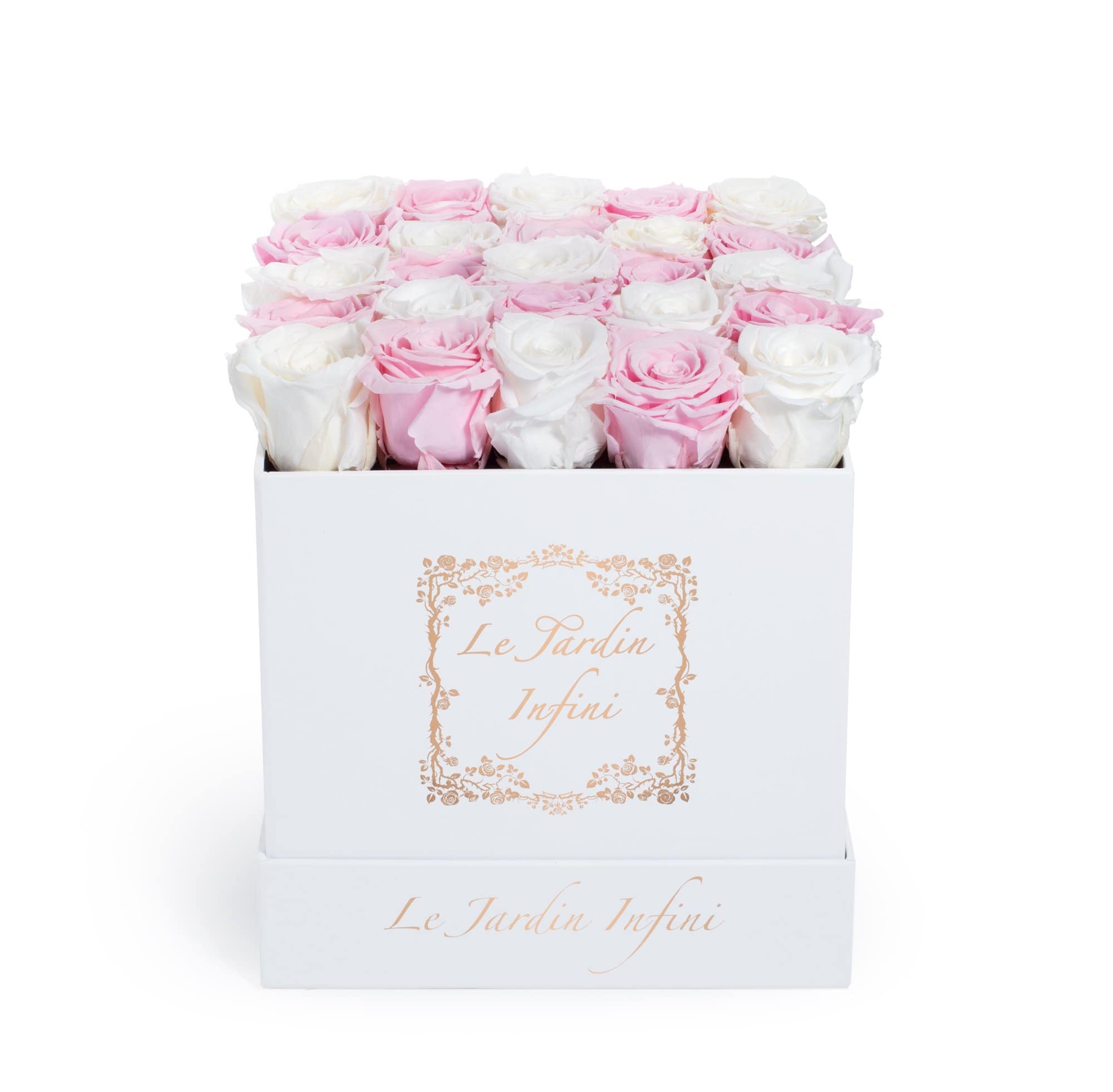 Checker White & Soft Pink Preserved Roses - Medium Square White Box