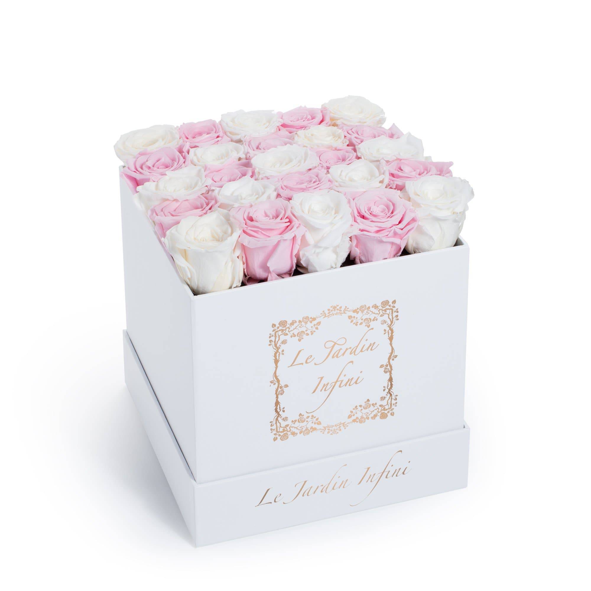 Checker White & Soft Pink Preserved Roses - Medium Square White Box - Le Jardin Infini Roses in a Box