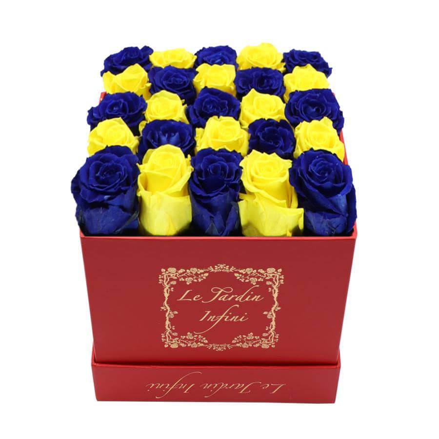 Checker Yellow & Royal Blue Preserved Roses - Medium Square Red Box
