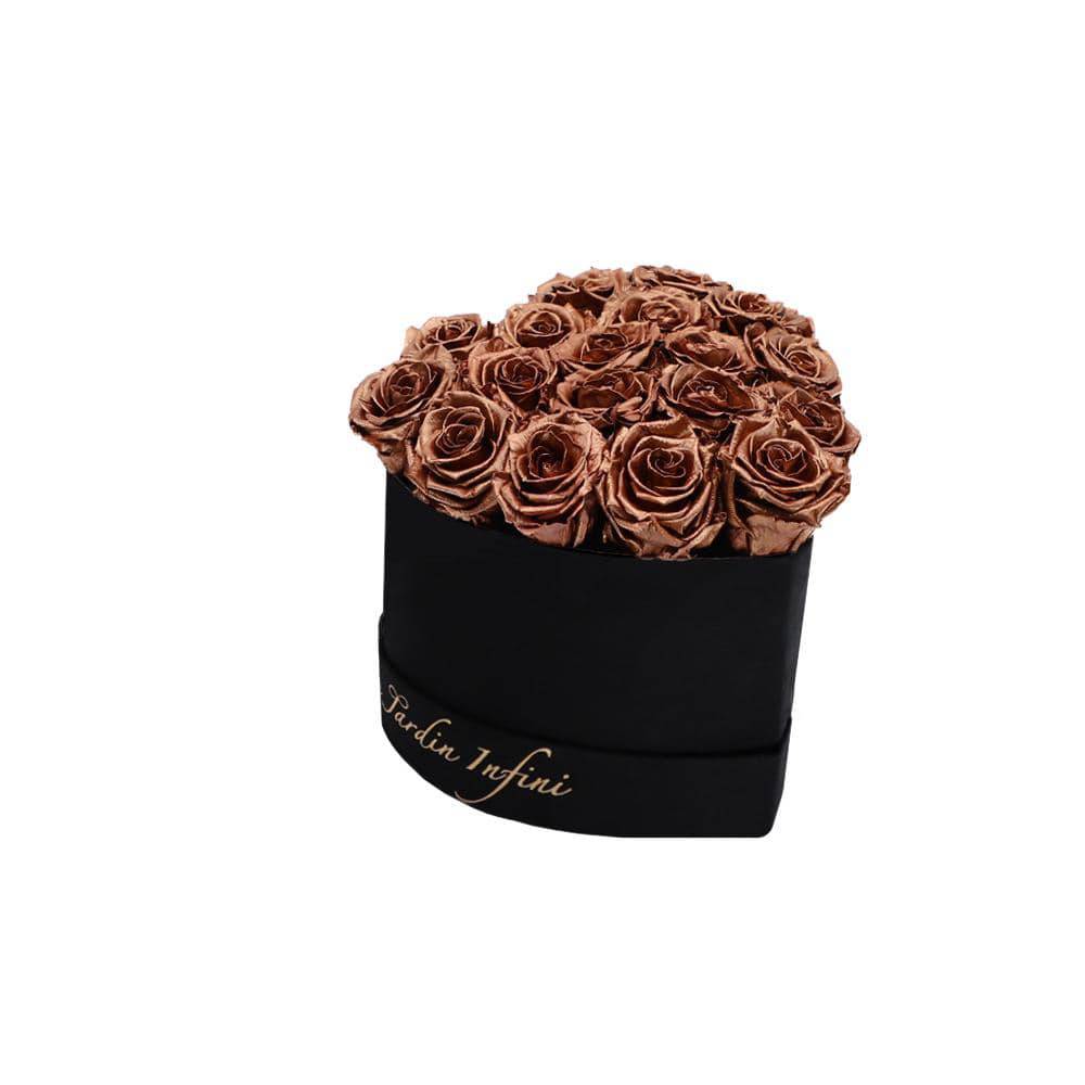 Copper Preserved Roses in A Heart Shaped Box -16-18 Roses Heart Luxury Black Suede Box