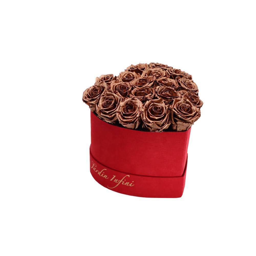Copper Preserved Roses in A Heart Shaped Box - 16-18 Roses Heart Luxury Red Suede Box