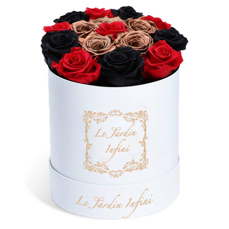 Copper Preserved Roses with Black, Red & 1 Red Rose - Medium Round White Box - Le Jardin Infini Roses in a Box