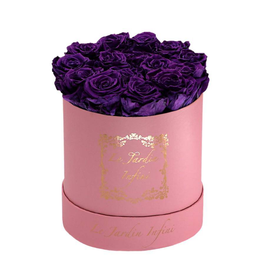 Dark Purple Preserved Roses - Medium Round Pink Box