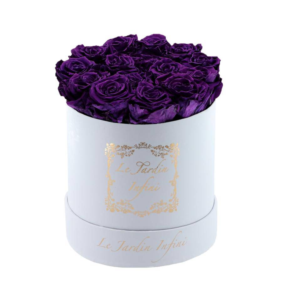 Dark Purple Preserved Roses - Medium Round White Box
