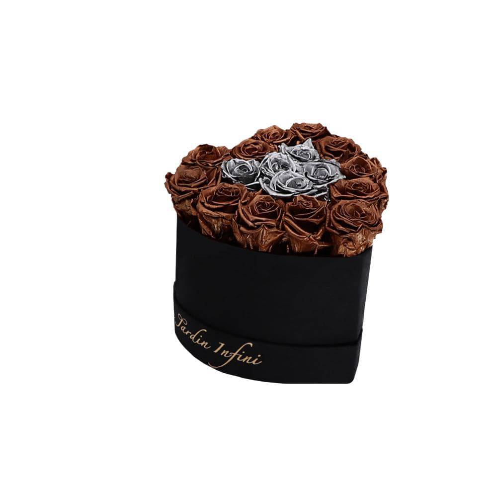 Double Hearts Copper & Silver Preserved Roses in A Heart Shaped Box - Mini Heart Luxury Black Suede Box - Le Jardin Infini Roses in a Box