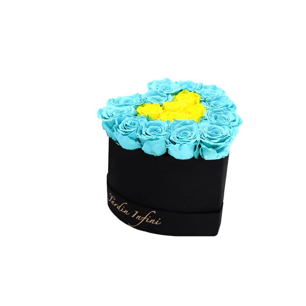 Double Hearts Turquoise & Bright Yellow Preserved Roses in A Heart Shaped Box - Mini Heart Luxury Black Suede Box - Le Jardin Infini Roses in a Box