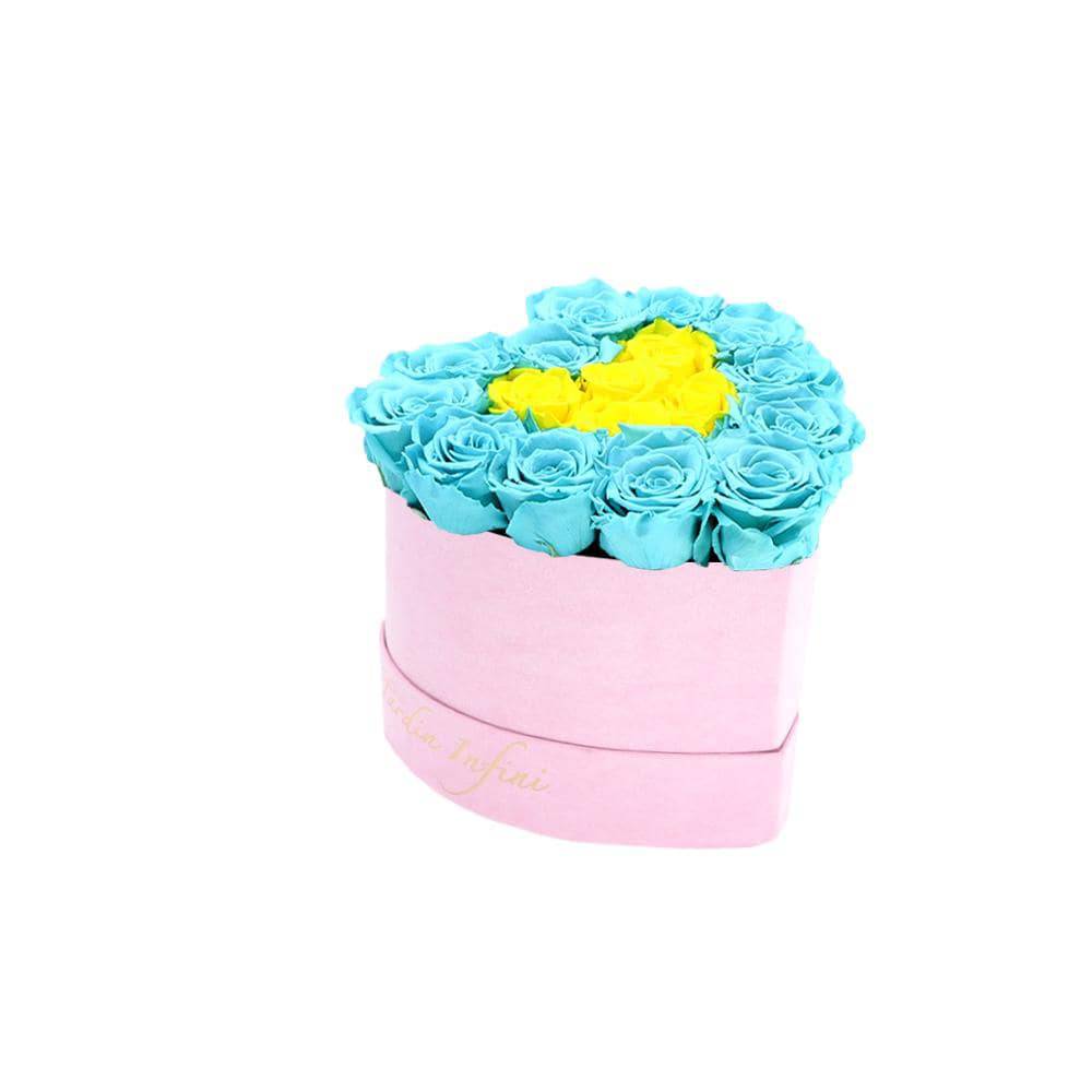 Double Hearts Turquoise & Bright Yellow Preserved Roses in A Heart Shaped Box -16-18 Roses Heart Luxury Pink Suede Box