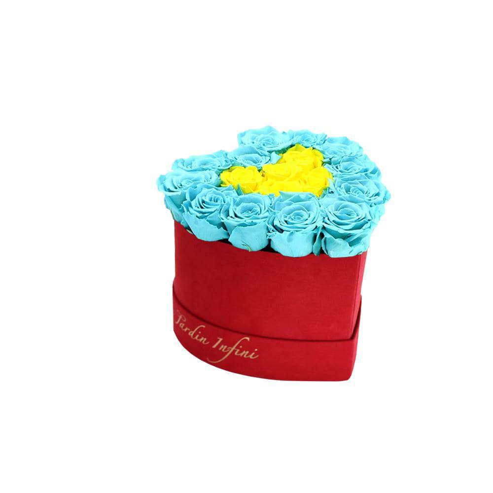Double Hearts Turquoise & Bright Yellow Preserved Roses in A Heart Shaped Box - Mini Heart Luxury Red Suede Box - Le Jardin Infini Roses in a Box