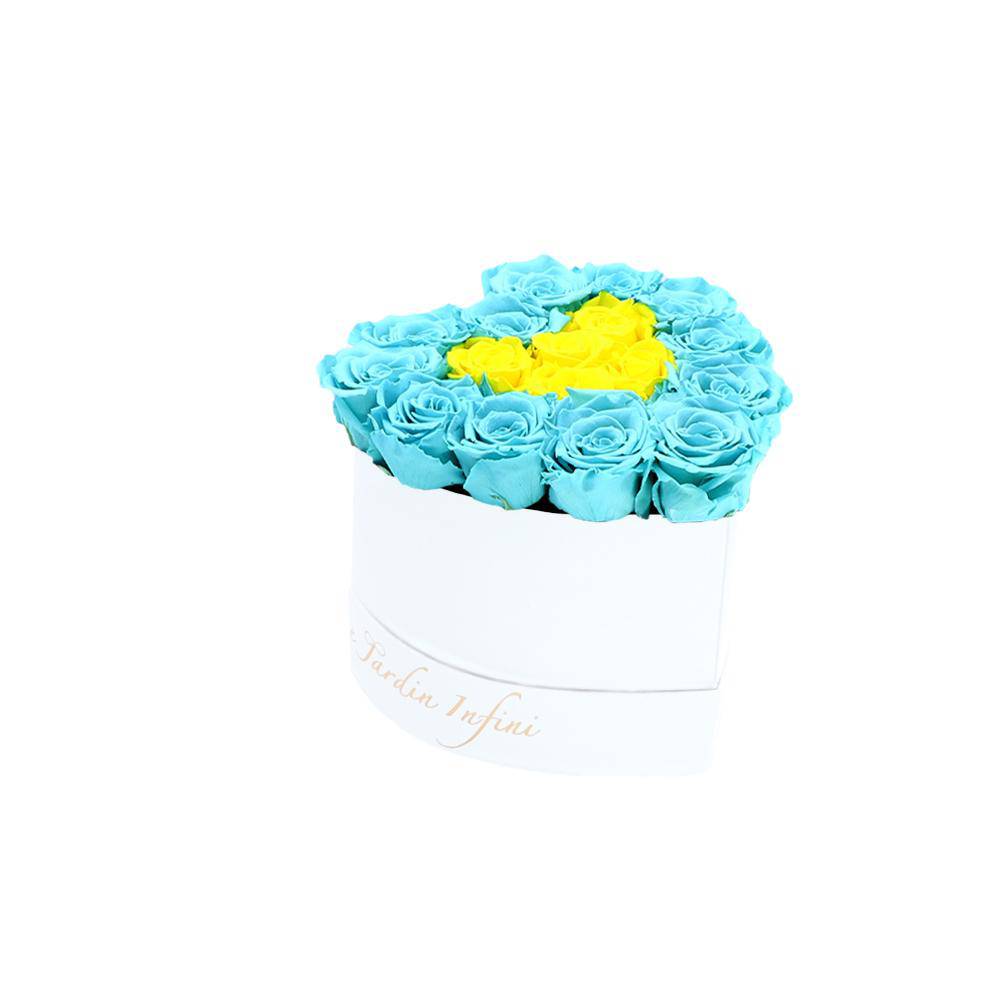 Double Hearts Turquoise & Bright Yellow Preserved Roses in A Heart Shaped Box - Mini Heart Luxury White Suede Box - Le Jardin Infini Roses in a Box