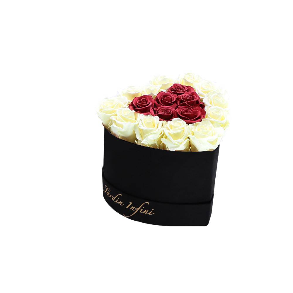 Double Hearts Vanilla & Cherry Blossom Preserved Roses in A Heart Shaped Box - Mini Heart Luxury Black Suede Box - Le Jardin Infini Roses in a Box