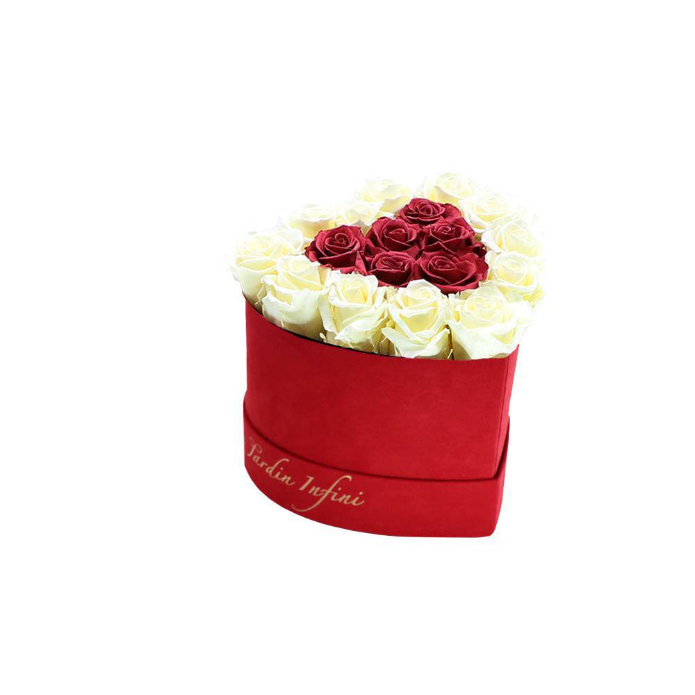 Double Hearts Vanilla & Cherry Blossom Preserved Roses in A Heart Shaped Box - 16-18 Roses Heart Luxury Red Suede Box