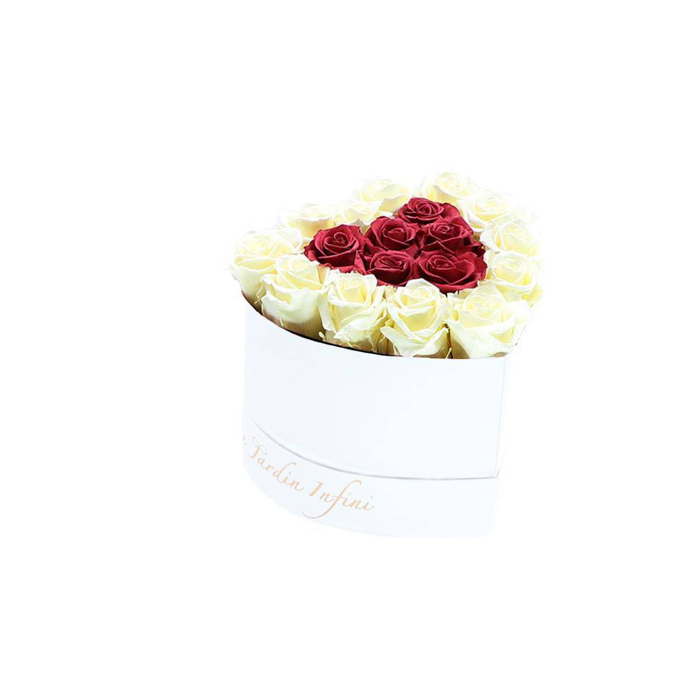 Double Hearts Vanilla & Cherry Blossom Preserved Roses in A Heart Shaped Box - Mini Heart Luxury White Suede Box - Le Jardin Infini Roses in a Box