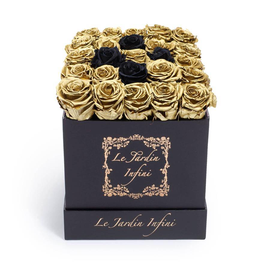 Gold and 4 Black Preserved Roses - Medium Square Black Box - Le Jardin Infini Roses in a Box