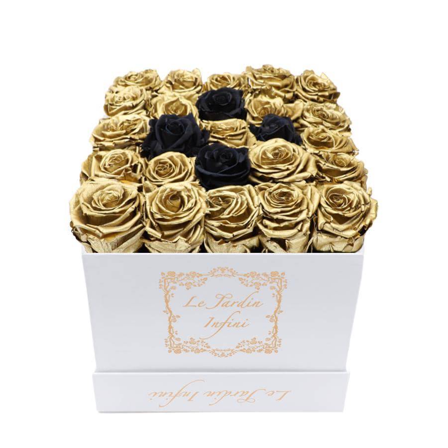 Gold and 4 Black Preserved Roses - Medium Square White Box - Le Jardin Infini Roses in a Box