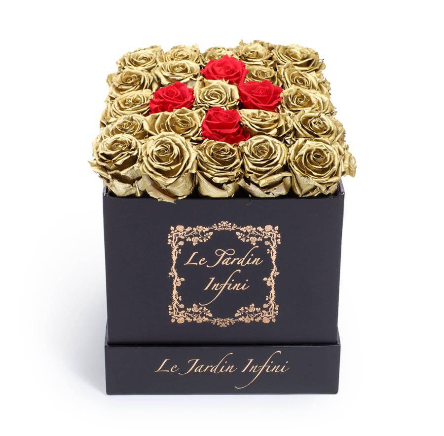 Gold and 4 Red Preserved Roses - Medium Square Black Box - Le Jardin Infini Roses in a Box